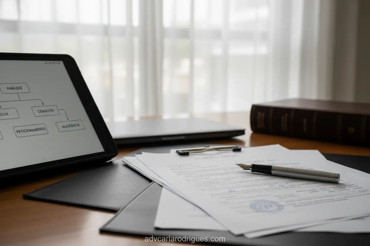 Mesa com documentos e tablet ilustrando o processo de revisão de pensão.