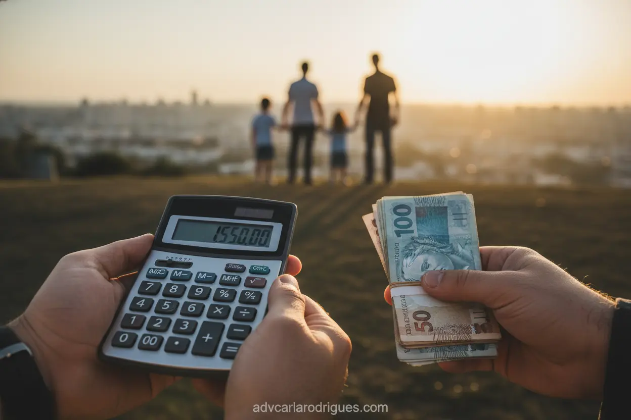 Mãos segurando calculadora e dinheiro, representando alteração financeira.