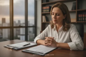 Mulher revisando documentos sobre pensão atrasada em escritório de advocacia.
