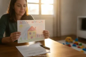 Pai ou mãe olhando desenho, com documentos legais ao fundo.