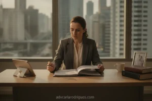 Mulher com documentos sobre pensão alimentícia atrasada