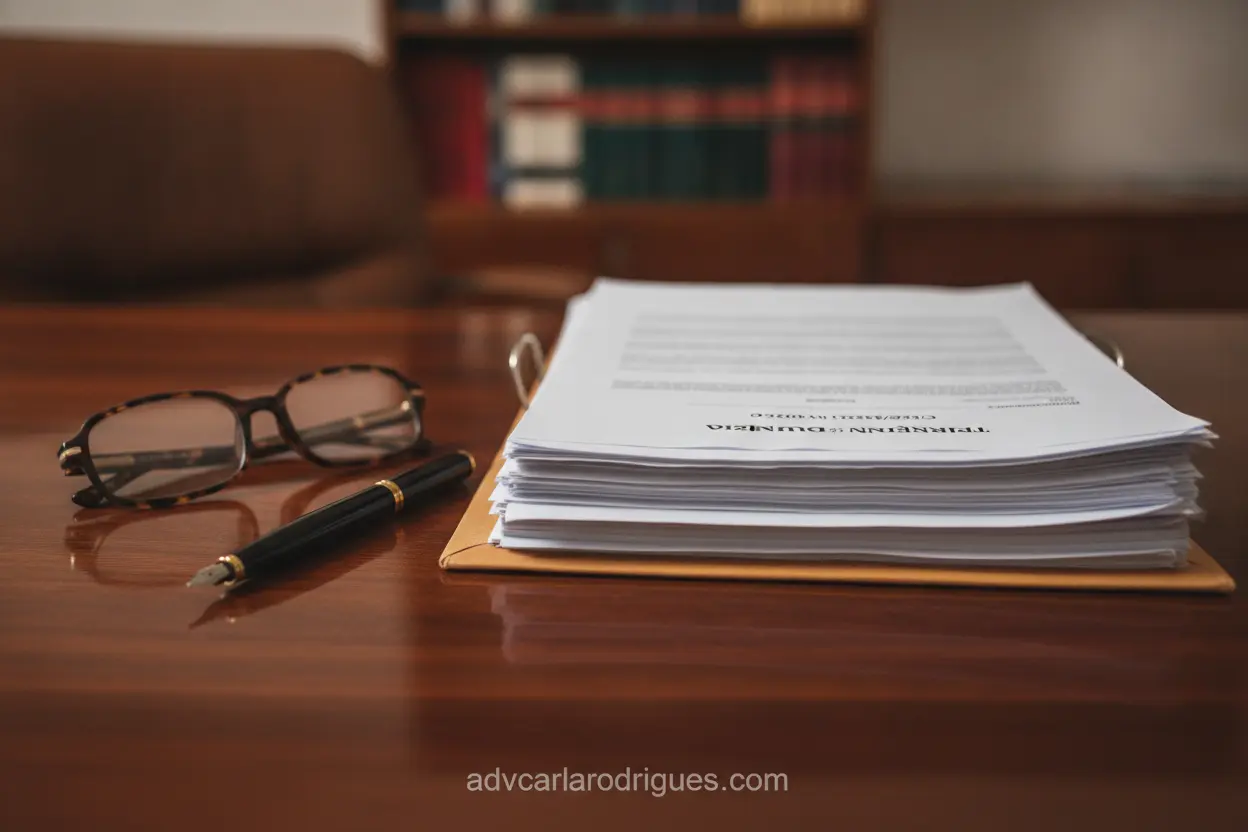 Pilha de documentos legais para cobrança de pensão.