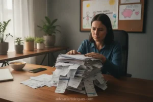 Pai ou mãe preocupado(a) com contas e pensão atrasada