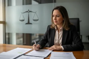 Mulher pensativa com documentos de pensão