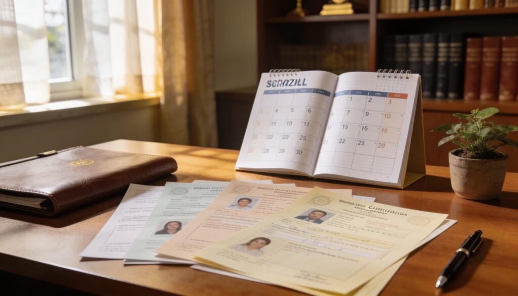 Mesa de escritório jurídico com documentos de guarda de filhos e orientação familiar